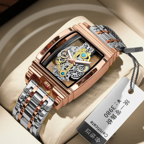 Montre mécanique squelette rectangulaire